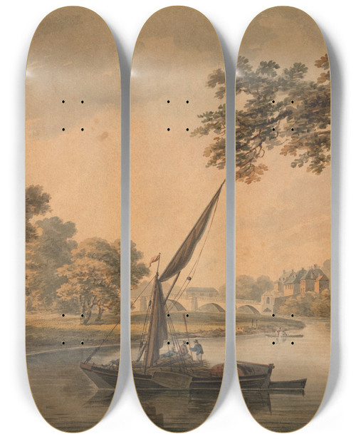 Triptych art skateboard deck of Dominic Serres A Bridge Over The Thames With Sailing Barges In The Foreground by Dominic Serres (1722-1793)