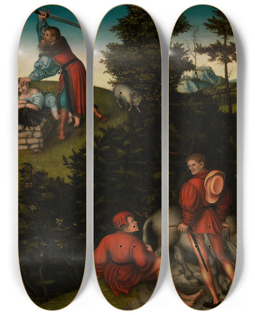 Triptych art skateboard deck of Lucas Cranach The Elder The Sacrifice Of Abraham by Lucas Cranach The Elder (1472-1553)