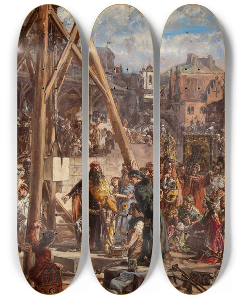 Triptych art skateboard deck of Jan Matejko Retaking Of Rus Wealth And Education 1366 Ad From The Series History Of Civilization In Poland by Jan Matejko (1838-1893)