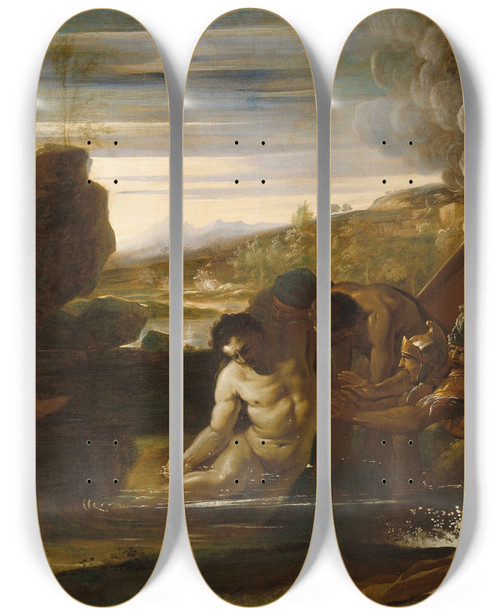 Triptych art skateboard deck of Pietro Testa Alexander The Great Rescued From The River Cydnus by Pietro Testa (1612-1650)