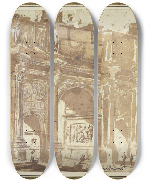 Triptych art skateboard deck of Domenico Roberti Arch Of Constantine In Rome by Domenico Roberti