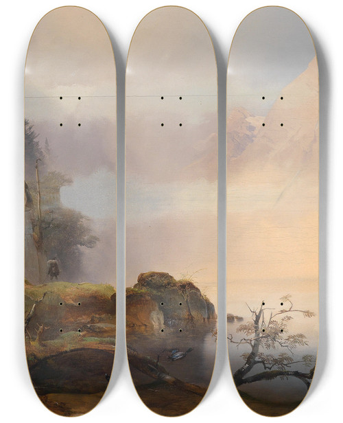 Triptych art skateboard deck of Anton Hansch Herbststimmung Am See by Anton Hansch (1813-1876)
