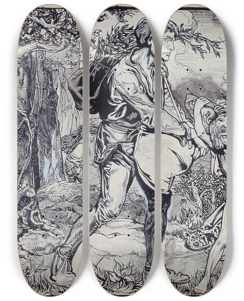 Triptych art skateboard deck of Johannes Josephus Aarts The Month Of September Personified By Two Adults And Three Children Coming From The Forest With Provisions by Johannes Josephus Aarts (1871-1934)