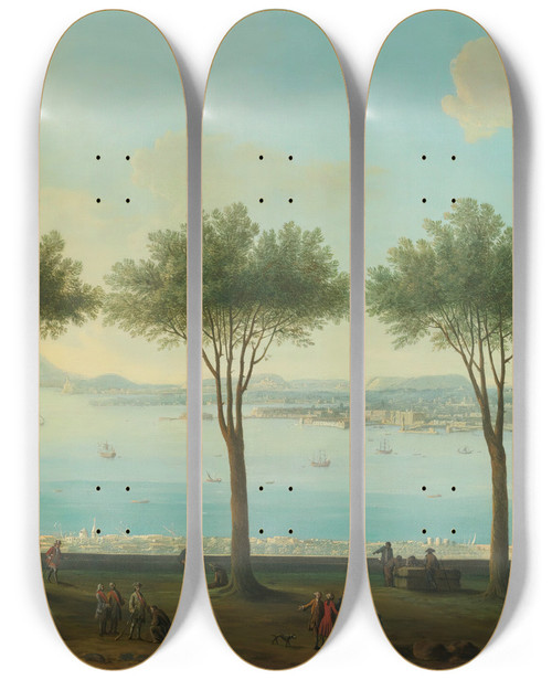 Triptych art skateboard deck of Antonio Joli View Of The Bay Of Naples From The South Possibly Poggioreale Looking North With A King Of The Bourbon Family Possibly Ferdinand Iv In The Foreground by Antonio Joli (1700-1777)
