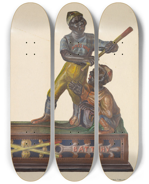 Triptych art skateboard deck of Verna Tallman Toy Bank Darktown Battery by Verna Tallman