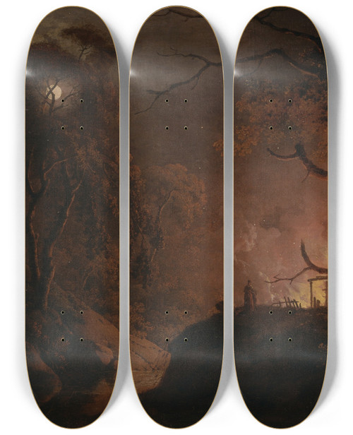 Triptych art skateboard deck of Joseph Wright Of Derby Cottage On Fire At Night by Joseph Wright Of Derby (1734-1797)