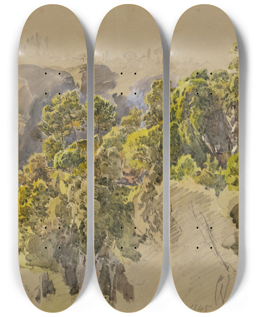 Triptych art skateboard deck of Johann Nepomuk Rauch Felsabhang Mit Bumen Bei Nemi by Johann Nepomuk Rauch (1804-1847)
