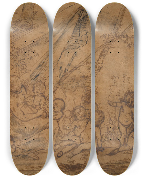 Triptych art skateboard deck of Pietro Testa A Seated Female Figure Surrounded By Nude Infants by Pietro Testa (1612-1650)