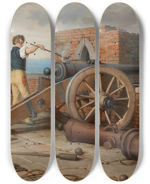 Triptych art skateboard deck of Johann Peter Krafft Knstlerfreunde Lsen Einen Kanonenschuss Auf Der Festung Michele Bei Ostia Ferdinand Jagemann Und Peter Krafft by Johann Peter Krafft (1780-1856)