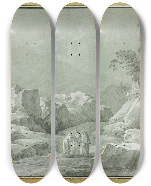 Triptych art skateboard deck of Carlo Labruzzi Two Monks Giving Water To A Woman And Child In The Wilderness by Carlo Labruzzi (1748-1817)