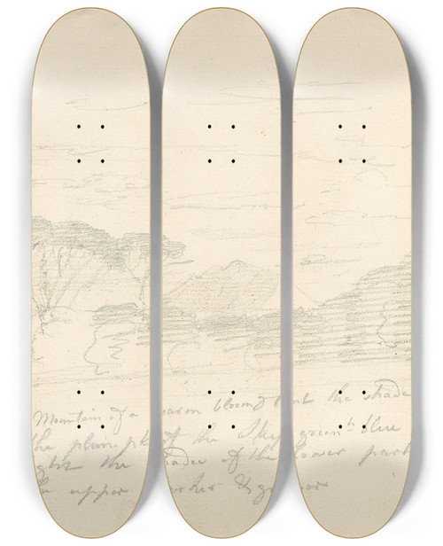 Triptych art skateboard deck of Joseph Wright Of Derby Landscape With Umbrella Pines And Distant Mountain by Joseph Wright Of Derby (1734-1797)