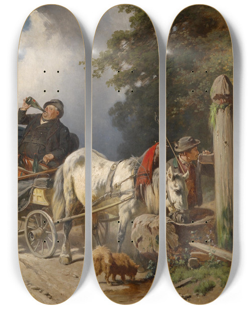 Triptych art skateboard deck of Adolf Van Der Venne Jedem Seine Strkung by Adolf van der Venne (1828-1911)