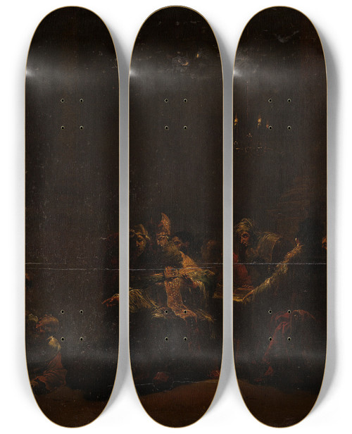 Triptych art skateboard deck of Leonaert Bramer Pashur Smiting Jeremiah In The Temple by Leonaert Bramer (1596-1674)