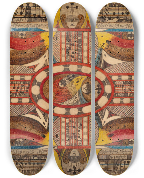 Triptych art skateboard deck of Adolf Wlfli Der Wiliseezohrnwald In Amerika Und Krohnprinzessinn Wiegalinda Von Waldaufeldskt Adolfhoof by Adolf Wolfli (1864-1930)