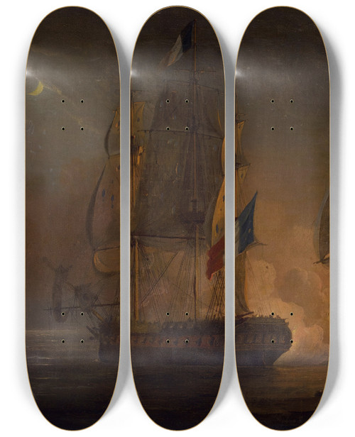 Triptych art skateboard deck of Thomas Whitcombe Engagement Between Hms Amelia And French Frigate Larethuse Off The Isles Of Loss 1813 by Thomas Whitcombe (1763-1824)
