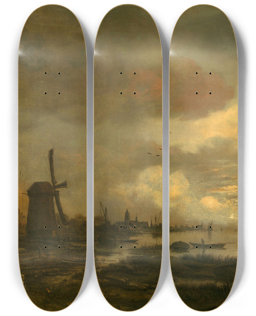 Triptych art skateboard deck of Aert Van Der Neer Landscape By Moonlight_2 by Aert van der Neer (1603-1677)