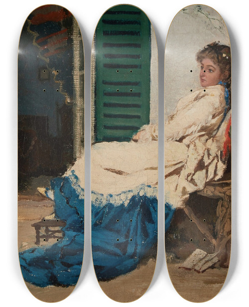Triptych art skateboard deck of Jeanjosephbenjamin Constant Young Woman In A Garden by Jean-Joseph-Benjamin Constant (1845-1902)