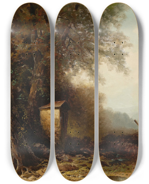 Triptych art skateboard deck of Oskar Mulley A Landscape In Autumn With Wayside Shrine by Oskar Mulley (1891-1949)