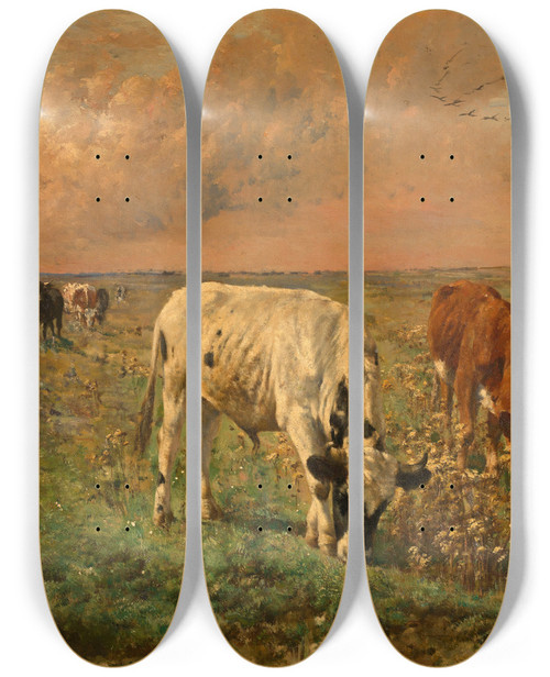 Triptych art skateboard deck of Alfred Verwee Cows In A Pasture by Alfred Verwee (1838-1895)