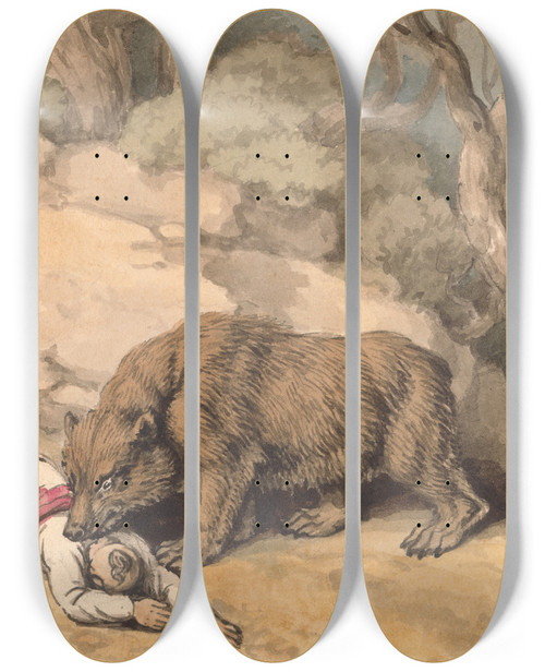 Triptych art skateboard deck of Samuel Howitt A Bear Attacking A Fallen Indian by Samuel Howitt (1756-1822)