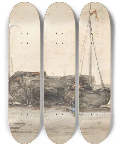 Triptych art skateboard deck of Johannes Bosboom Vissersboten Op Het Strand Van Scheveningen by Johannes Bosboom (1817-1891)