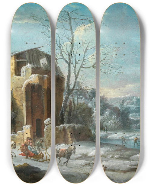 Triptych art skateboard deck of Dirck Maas A Winter Landscape With An Elegant Company On Sleighs Drawn By Horses by Dirck Maas (1659-1717)