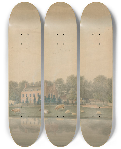 Triptych art skateboard deck of James Lambert Of Lewes North East View Of A House At Ringmer With Cattle And Sheep By A Pond by James Lambert Of Lewes (1725-1788)
