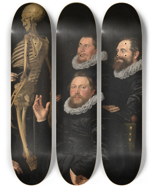 Triptych art skateboard deck of Nicolaes Eliasz Pickenoy The Osteology Class Of Dr Sebastiaen Egbertsz by Nicolaes Eliasz Pickenoy (1588-1654)