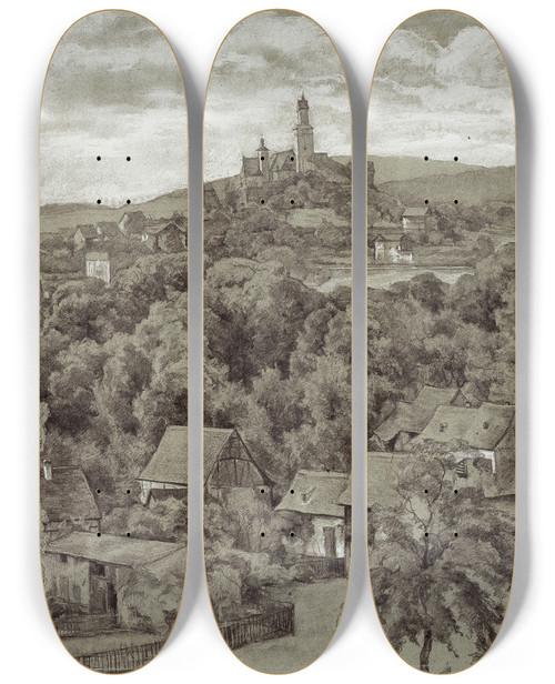 Triptych art skateboard deck of Louis Eysen View Of Kronberg by Louis Eysen (1843-1899)