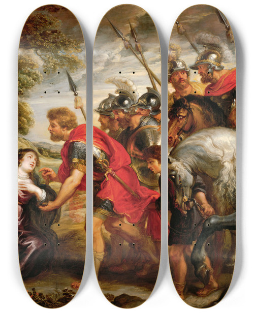 Triptych art skateboard deck of Peter Paul Rubens The Meeting Of David And Abigail_2 by Peter Paul Rubens (1577-1640)