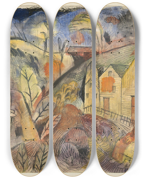 Triptych art skateboard deck of Albert Bloch Villagers by Albert Bloch (1882-1961)