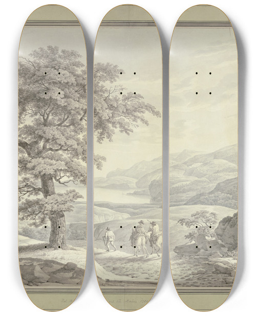 Triptych art skateboard deck of Johann Adam Ackermann Landschaft An Der Riviera Di Levante Mit Dem Knstler Und Seinen Reisegefhrten by Johann Adam Ackermann