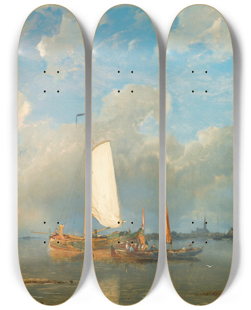 Triptych art skateboard deck of Pieter Cornelis Dommersen Shipping In A Dutch Estuary At Low Tide by Pieter Cornelis Dommersen (1833-1918)
