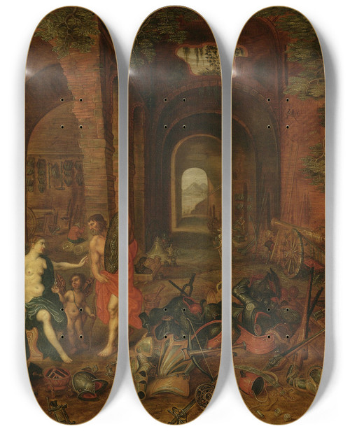Triptych art skateboard deck of Follower Of Jan Breughel The Younger The Forge Of Vulcan by Follower Of Jan Breughel The Younger (1601-1678)