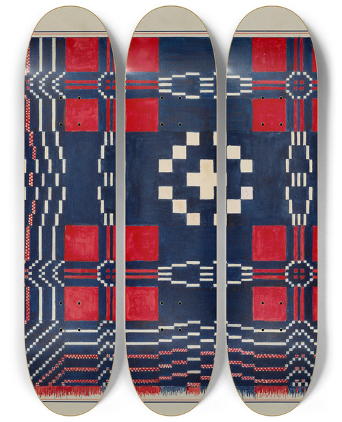 Triptych art skateboard deck of Margaret Linsley Woven Coverlet by Margaret Linsley