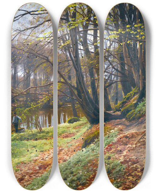 Triptych art skateboard deck of Peder Mrk Mnsted Spring Landscape At Sby by Peder Mork Monsted (1859-1941)