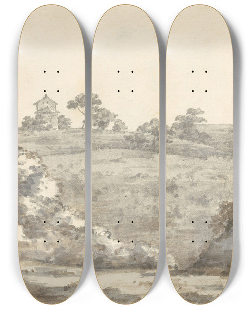 Triptych art skateboard deck of Joseph Wright Of Derby Landscape With A Twostory Building On A Hill by Joseph Wright Of Derby (1734-1797)