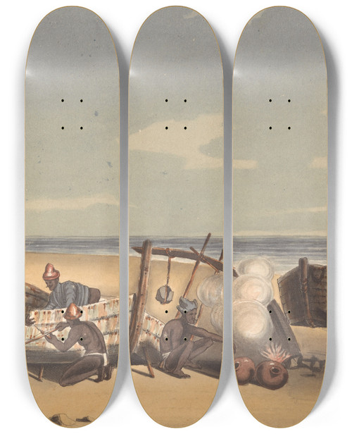 Triptych art skateboard deck of John Gantz Building And Repairing Masoola Boats by John Gantz