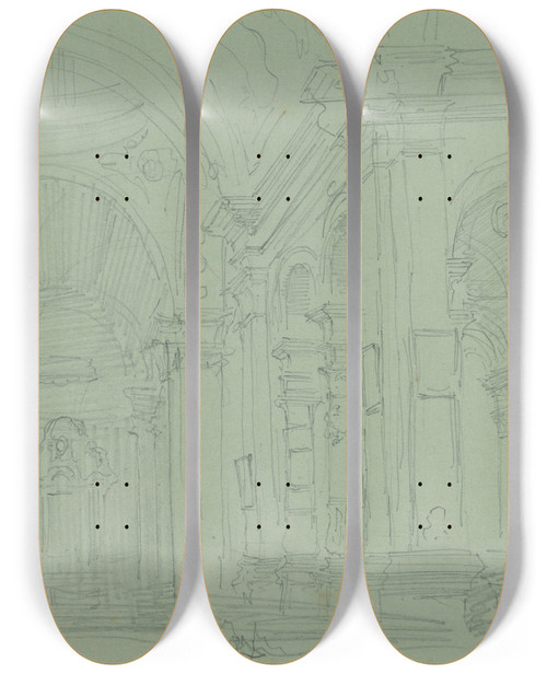 Triptych art skateboard deck of David Roberts The Duomo At Brescia Interior by David Roberts (1796-1864)