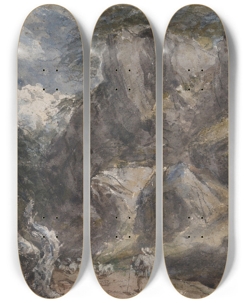 Triptych art skateboard deck of David Cox Driving Sheep In A Rocky Landscape by David Cox (1783-1859)
