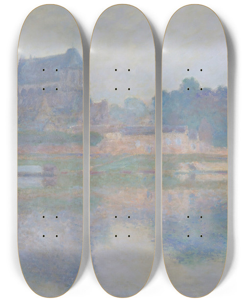 Triptych art skateboard deck of Claude Monet Lglise De Vernon Temps Gris by Claude Monet (1840-1926)