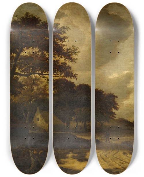 Triptych art skateboard deck of Roelof Jansz Van Vries Landscape With Farms by Roelof Jansz. van Vries (1631-1681)