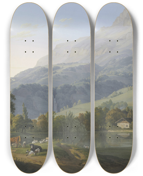 Triptych art skateboard deck of Jeanantoine Linck Vue De Laiguille De Varens De La Cascade De Chde Du Village De Ce Mme Nom Prise Sur La Route De Chde Au Pont Des Chvres by Jean-Antoine Linck (1766-1843)