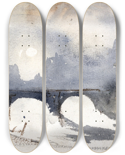 Triptych art skateboard deck of Paul Huet Matine Dhiver Prs Du Pont Neuf by Paul Huet (1803-1869)