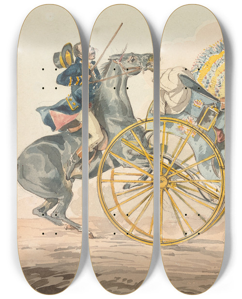 Triptych art skateboard deck of Henry Thomas Alken Sporting Discoveries Or The Miseries Of Driving You Discover A New Way Of Bringing Your Equipage Into A Small Compass by Henry Thomas Alken (1785-1851)