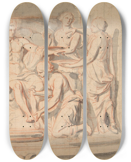 Triptych art skateboard deck of Charles Le Brun Apollo Bathing Attended By The Nymphs Of Thetis by Charles Le Brun (1619-1690)