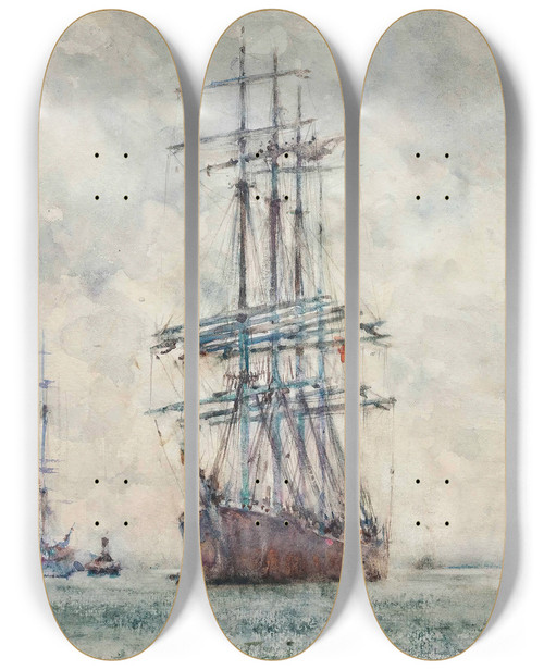 Triptych art skateboard deck of Henry Scott Tuke Windjammers In The Carrick Roads by Henry Scott Tuke (1858-1929)