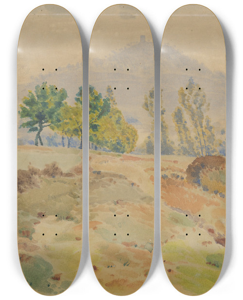 Triptych art skateboard deck of Frantiek Kavn Landscape With Castle Ruins by Frantisek Kavan (1866-1841)