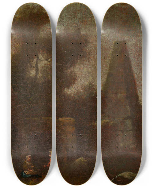 Triptych art skateboard deck of Franz Thomas Canton Phantastische Ruinenlandschaft Mit Obelisk by Franz Thomas Canton (1671-1734)