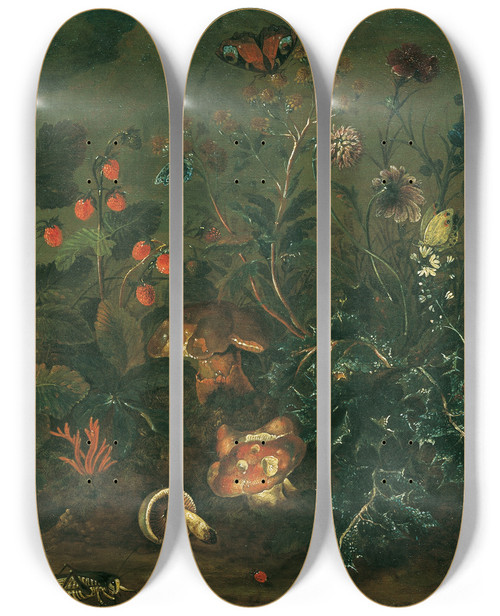 Triptych art skateboard deck of Franz Michael Siegmund Von Purgau The Elder Rasenstck Mit Erdbeeren Und Grille by Franz Michael Siegmund von Purgau the elder (1678-1754)